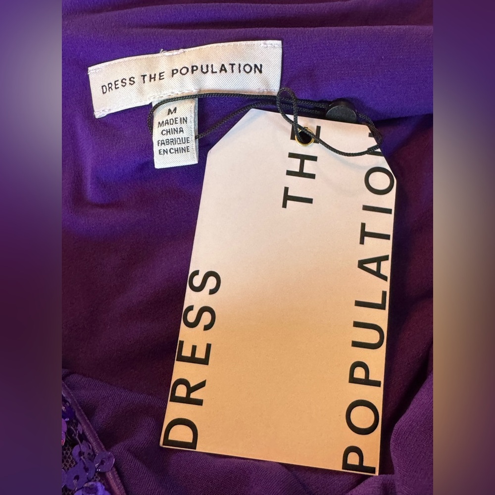 Dress the Population Shimmering sequin Purple Long Sleeve Dress low back nwt M - Picture 9 of 9